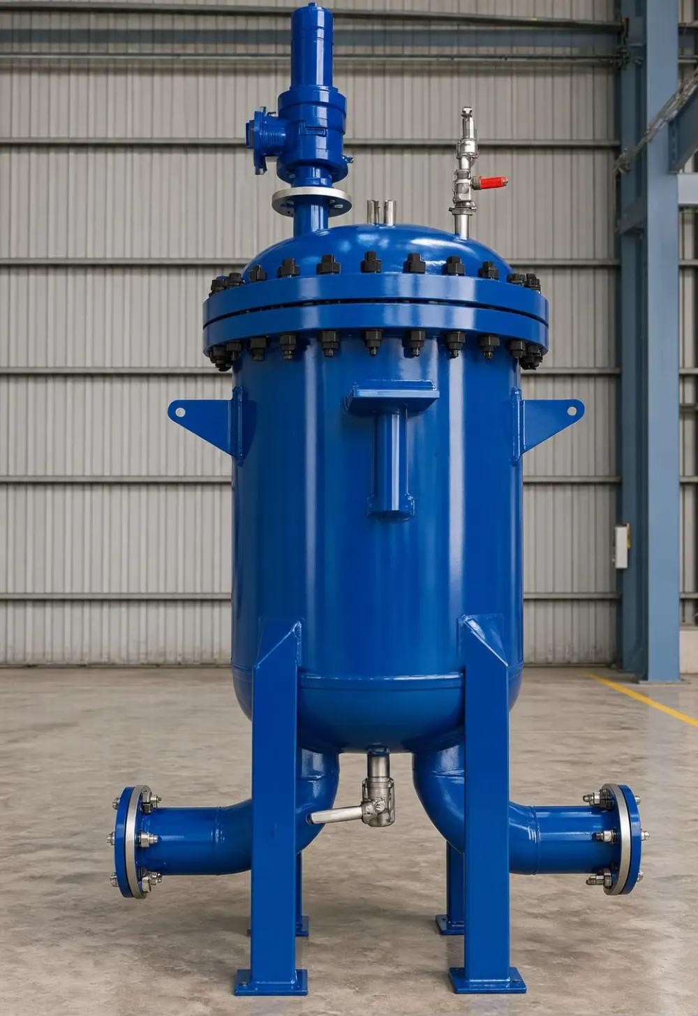 Blue vertical filter vessel on steel legs