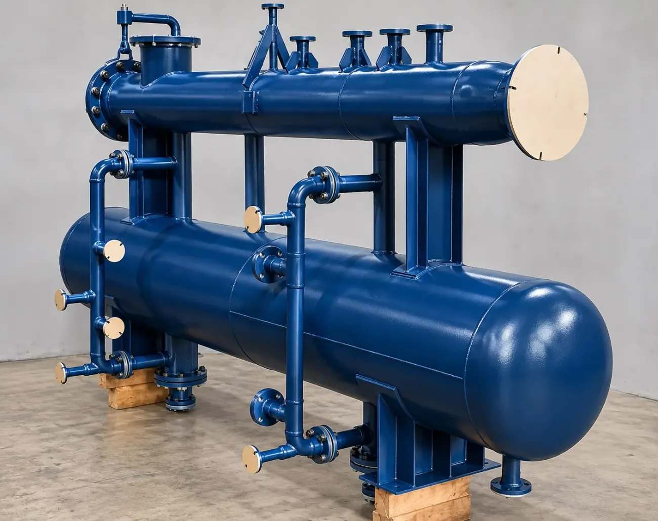 Blue horizontal filter separator with piping