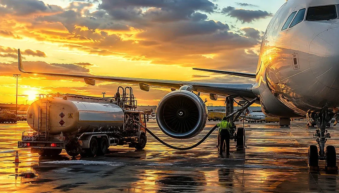 Fuel truck refuelling an aircraft on the apron at sunset