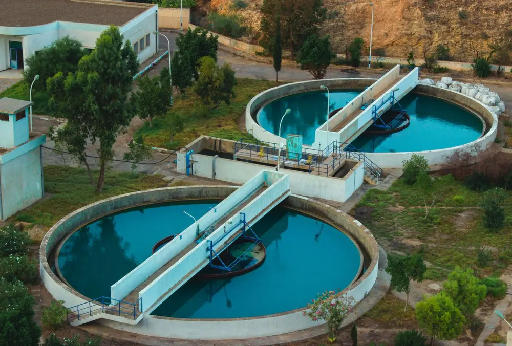 Aerial view of circular water treatment tanks