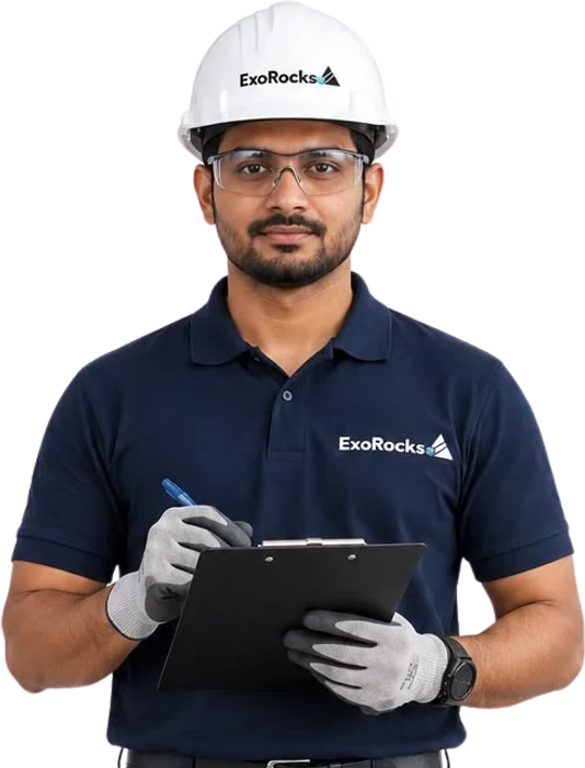 ExoRocks technician in a safety helmet holding a clipboard